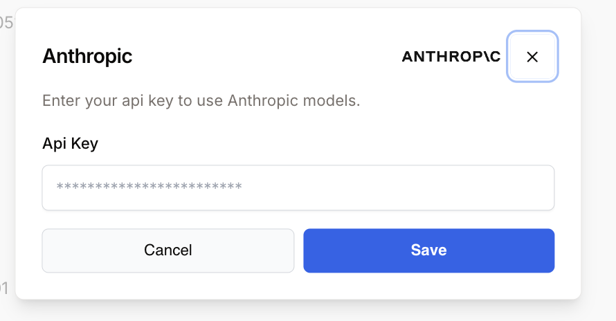 Boîte de dialogue de configuration de la clé API Anthropic