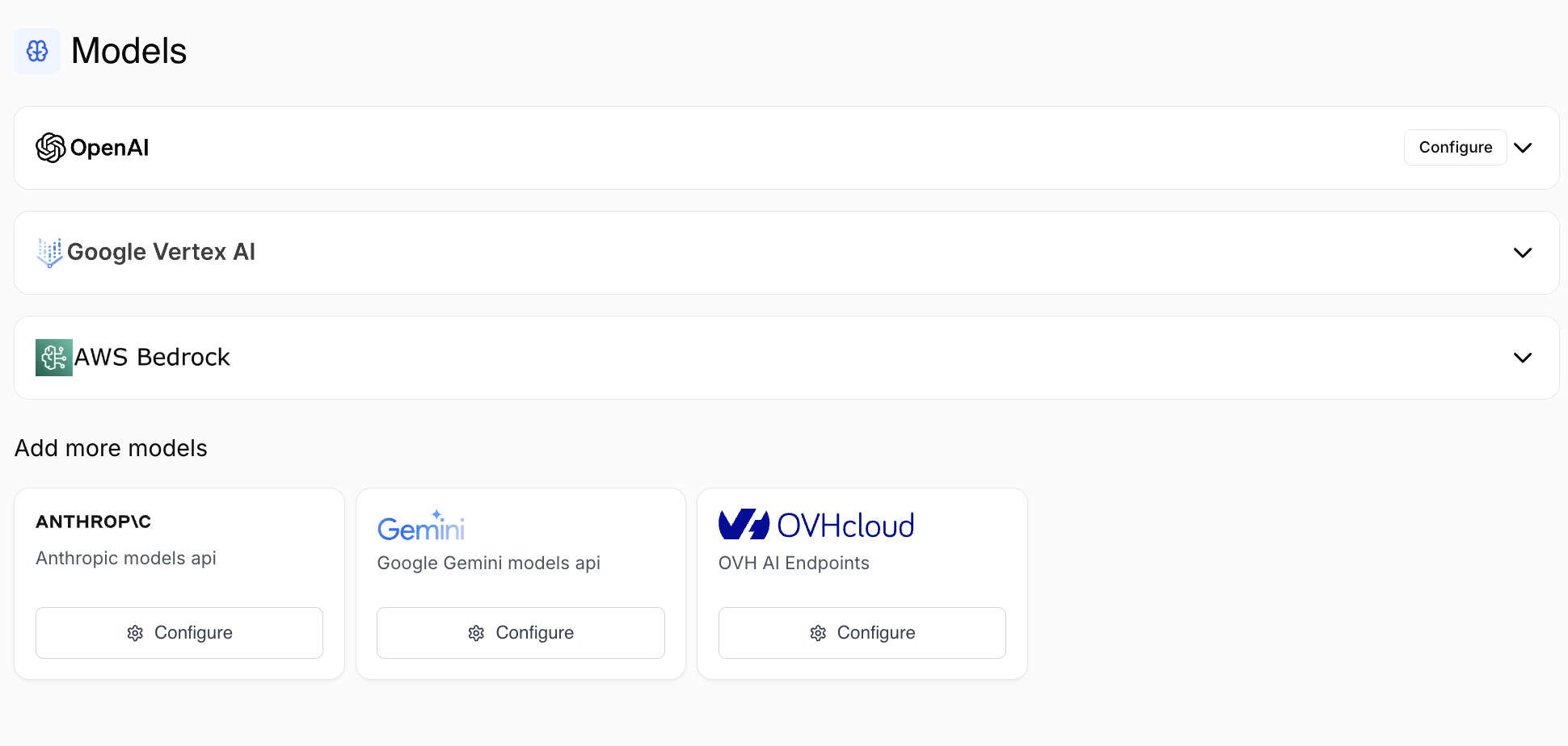 Page de configuration des modèles IA
