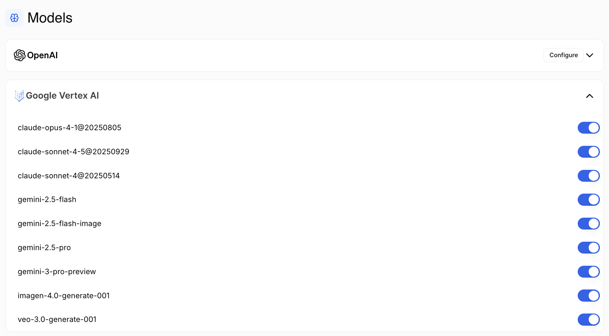 Liste des modèles Google Vertex AI avec interrupteurs