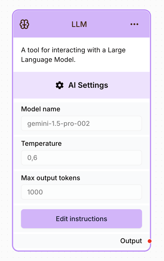 Panneau des paramètres du node LLM