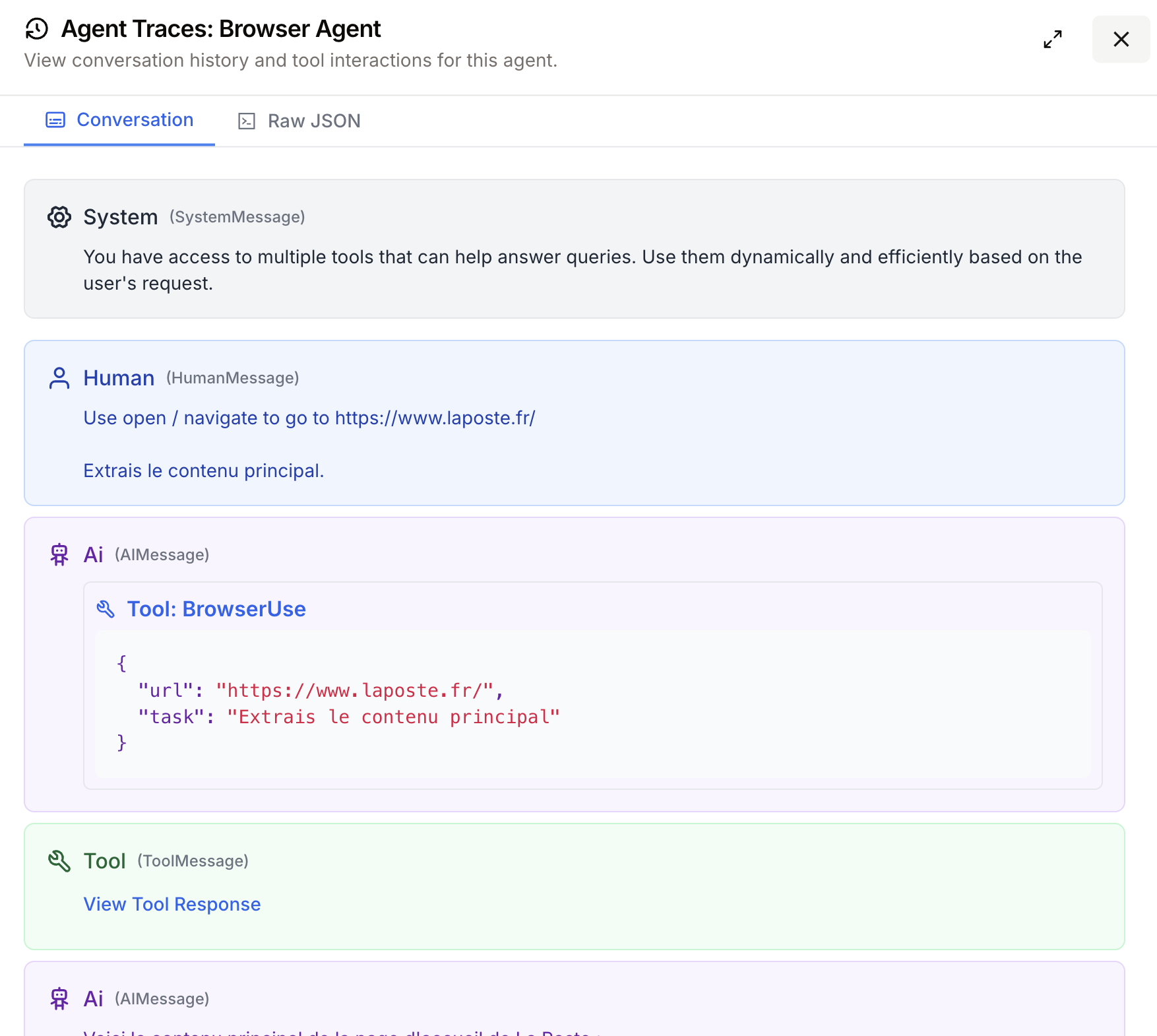 Détail de l'Agent trace avec l'historique de conversation