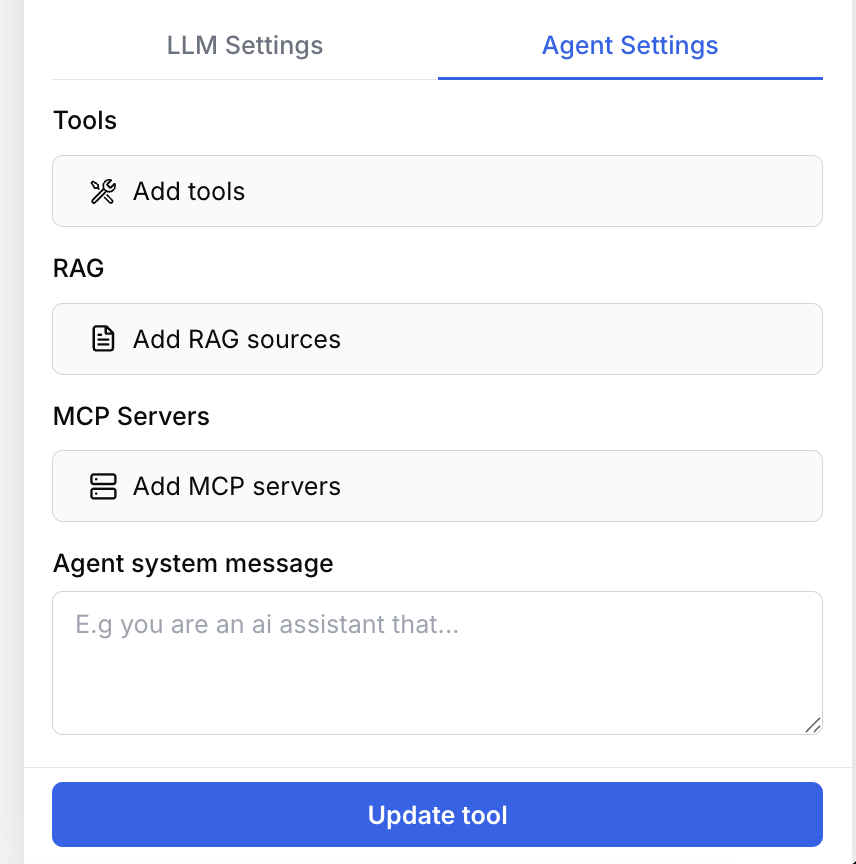 Agent Settings tab with Add tools Add RAG sources and Add MCP servers buttons