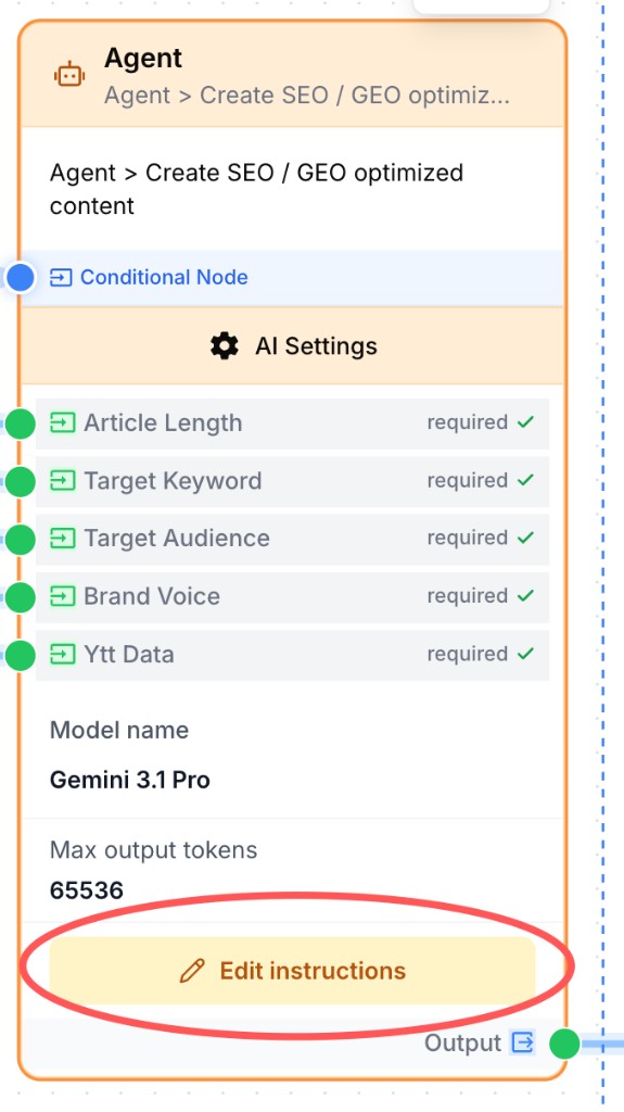 Edit instructions button at the bottom of the Agent node settings panel