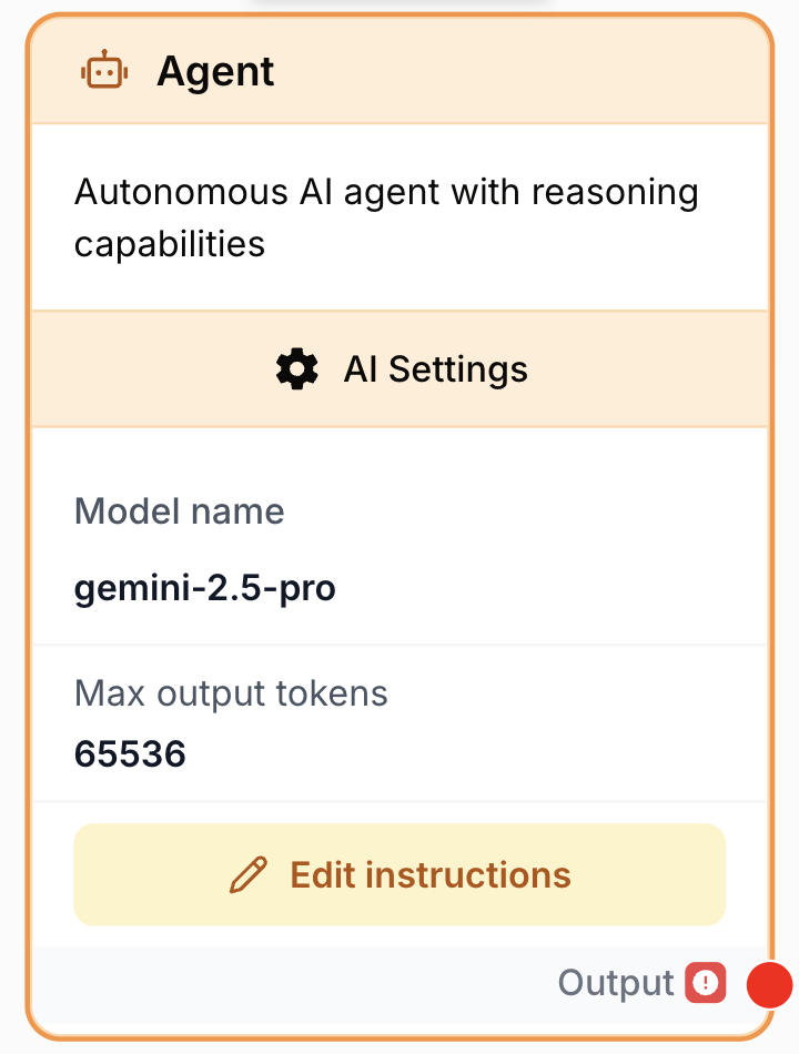 AI Agent node on workflow canvas with instructions tools RAG and MCP slots