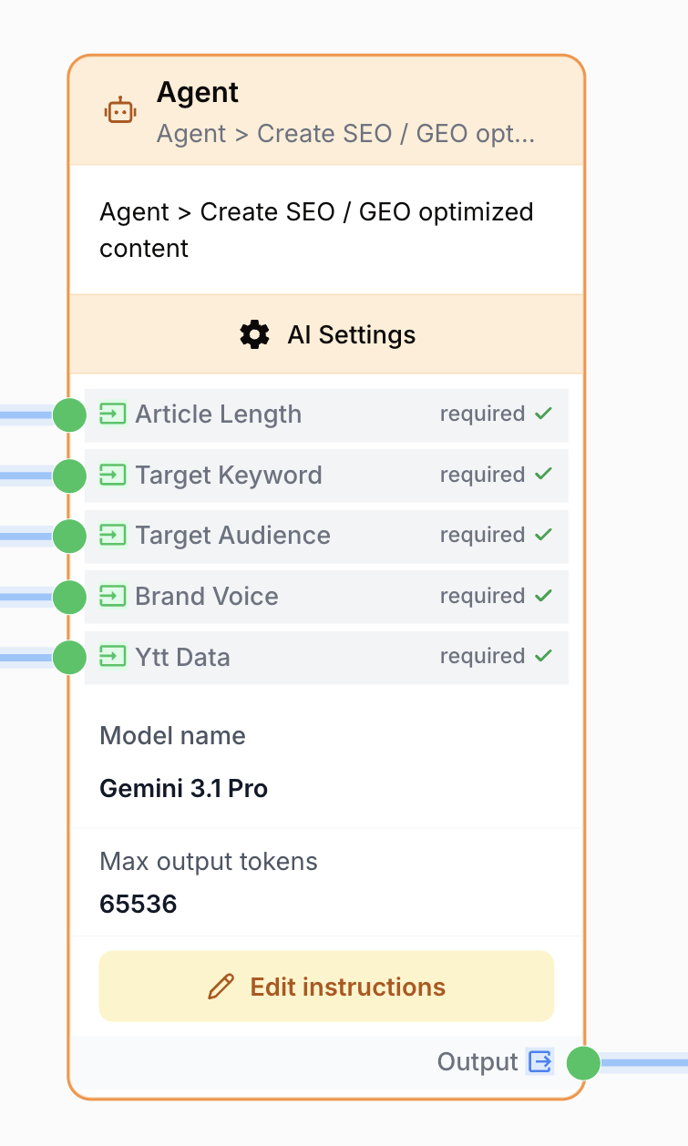 AI Agent node on workflow canvas with instructions tools RAG and MCP slots