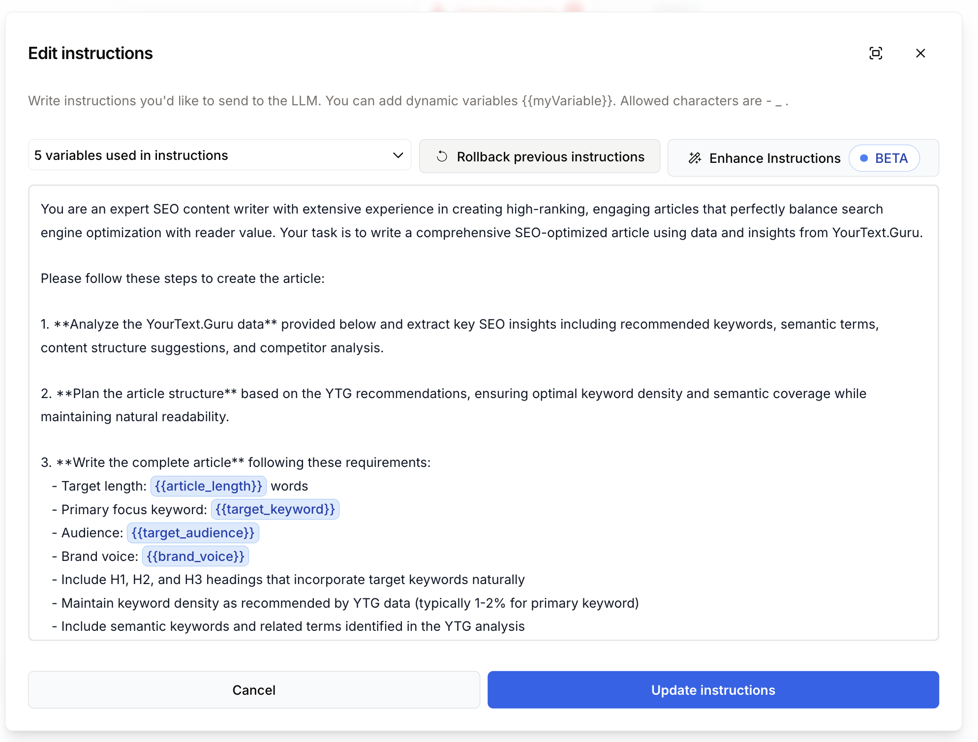 Edit instructions editor with editable enriched prompt Rollback and Enhance Instructions BETA