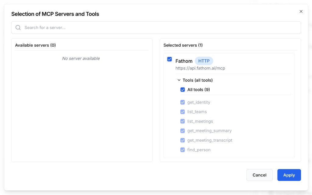 Selection of MCP Servers and Tools modal with Fathom server and enabled tools
