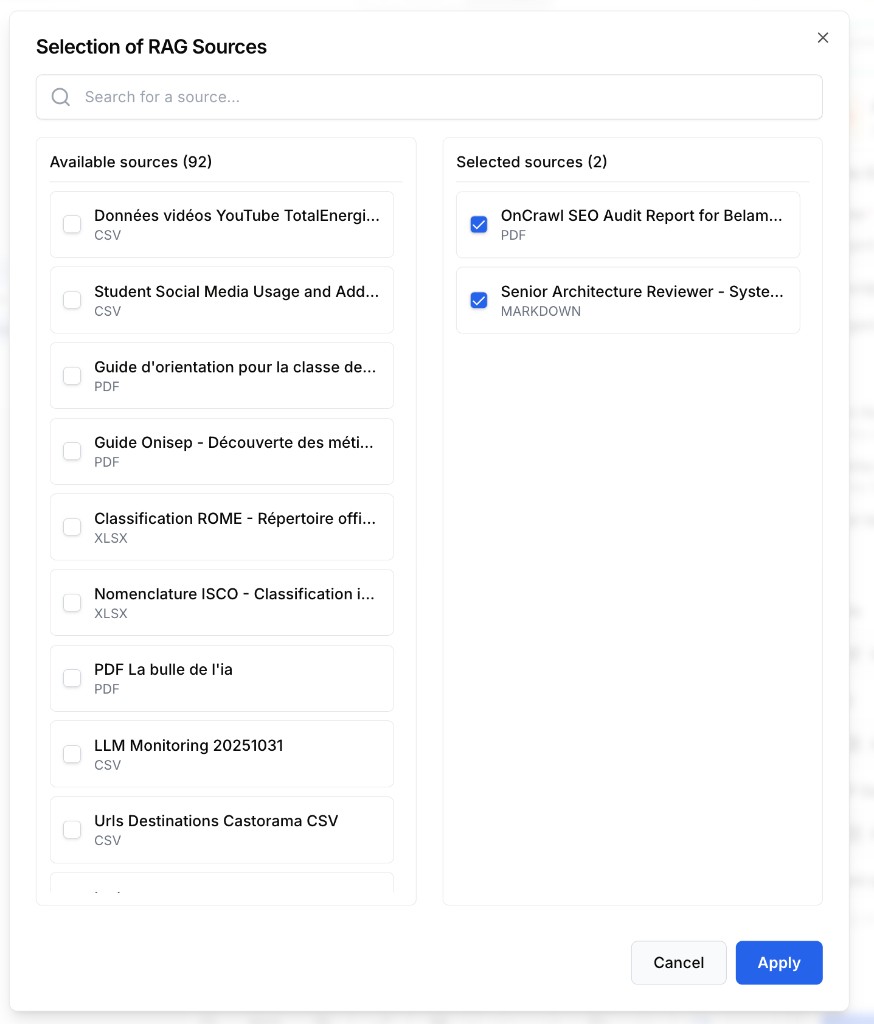 Selection of RAG Sources modal with available and selected document sources by file type