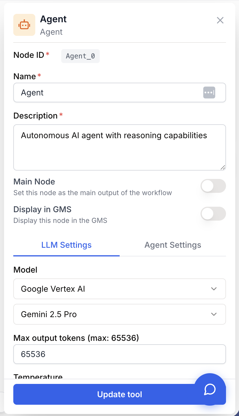 AI Agent settings exposing model picker prompt tools MCP and datasource attachments