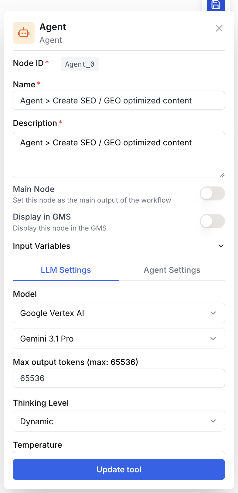 AI Agent settings exposing model picker prompt tools MCP and datasource attachments
