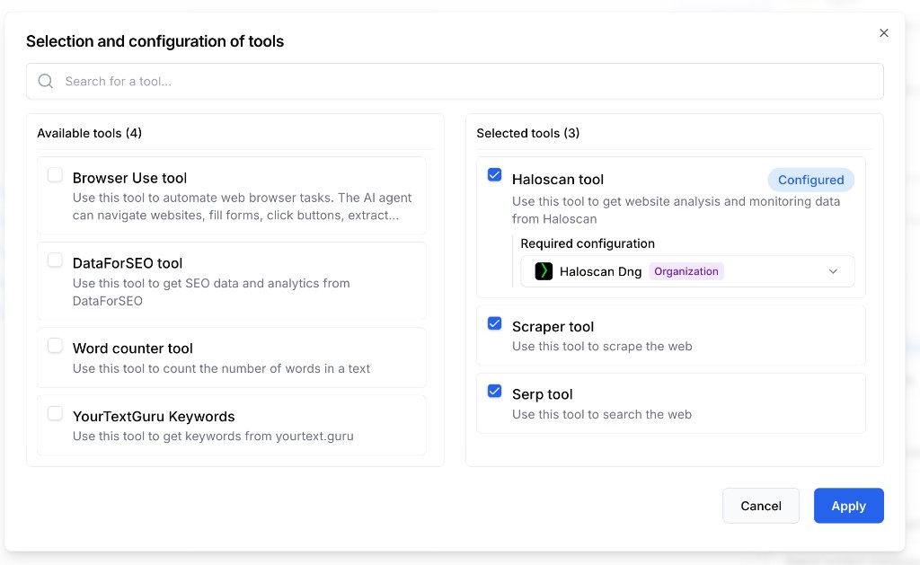 Selection and configuration of tools modal listing available and selected agent tools with integration setup