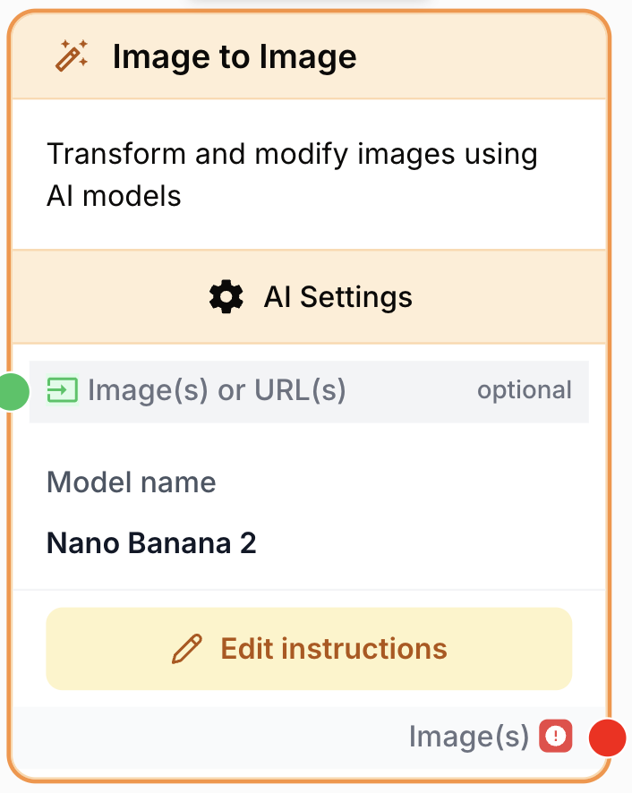 Node Image to Image avec entrées média et sélecteur multi-modèles sur canevas