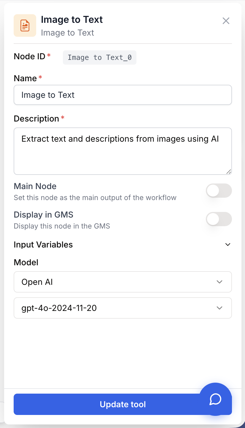 Paramètres Image to Text avec provider modèle vision entrées images et prompt