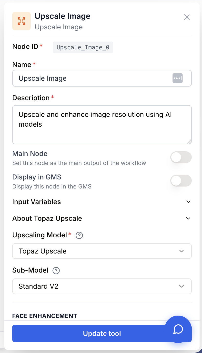 Panneau Upscale Image avec modèle facteur agrandissement et paramètres moteur