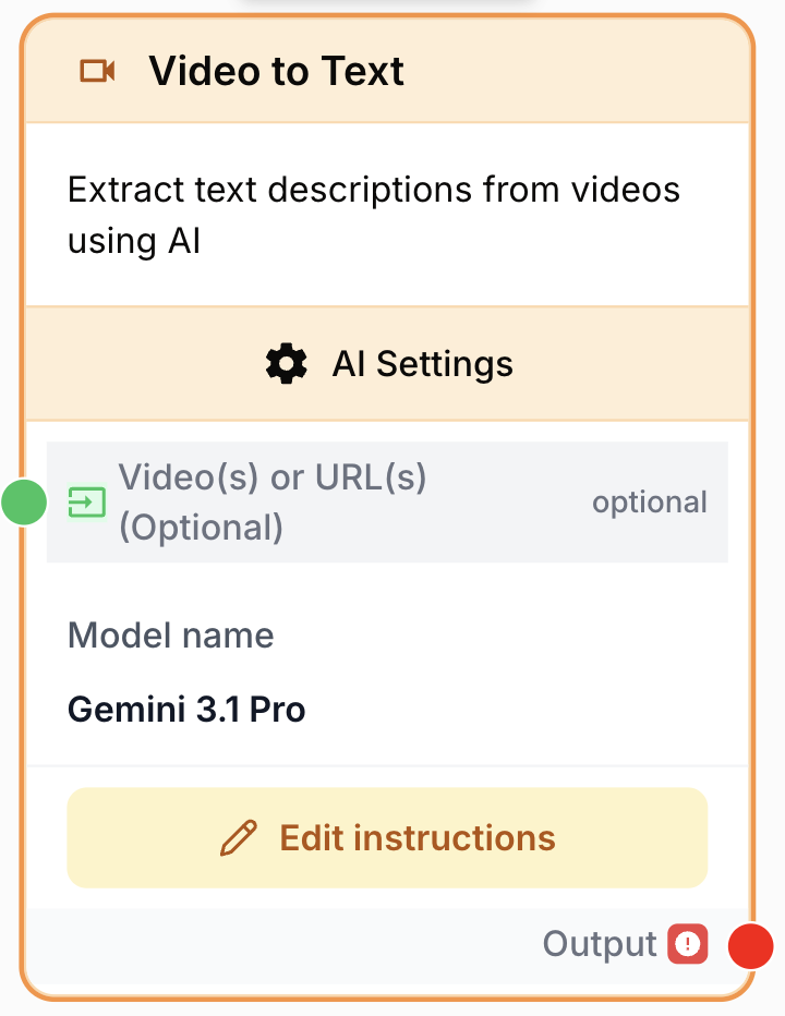 Node Video to Text avec entrée média vidéo et prompt analyse sur le canevas