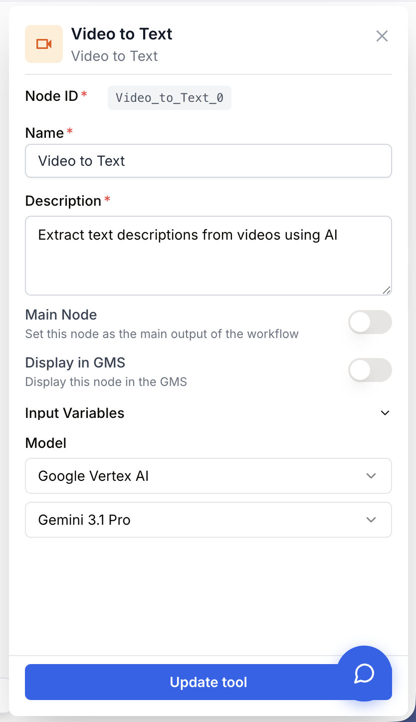 Paramètres Video to Text avec provider modèle vision et champ prompt configurables