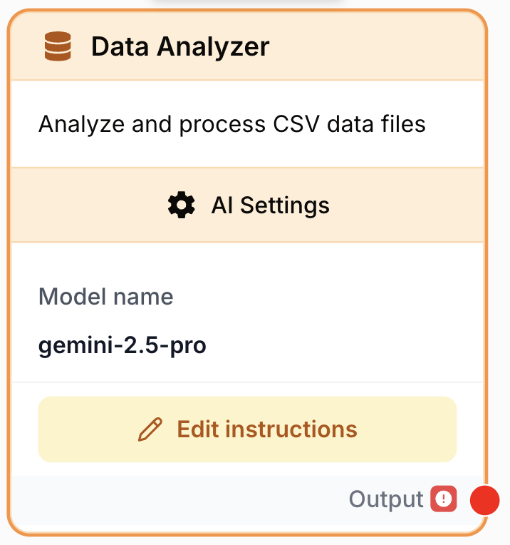 Node analyseur données sur le canevas relié fichier structuré et prompt IA