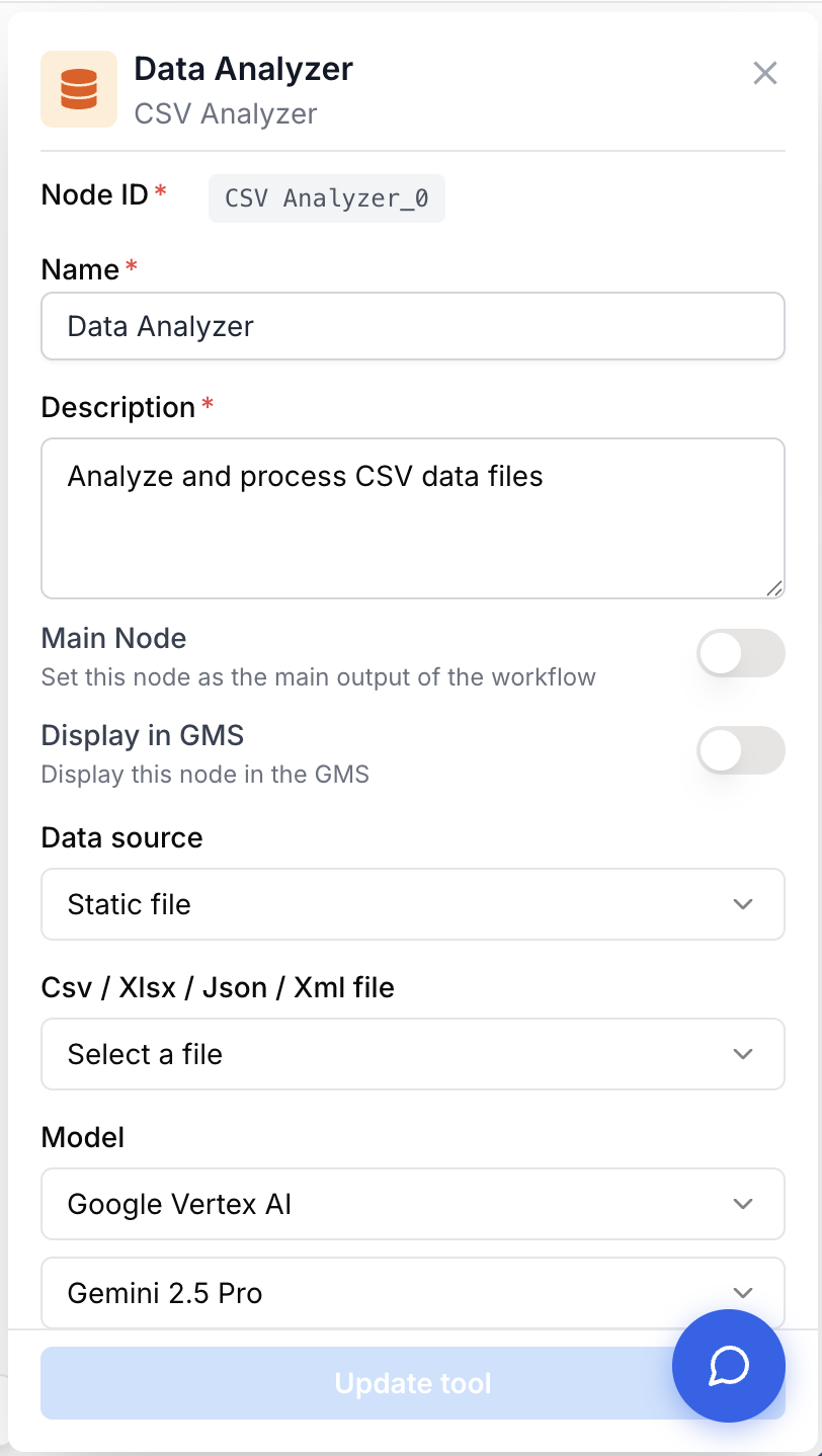 Paramètres analyseur fichier modèle source données et prompt tableau