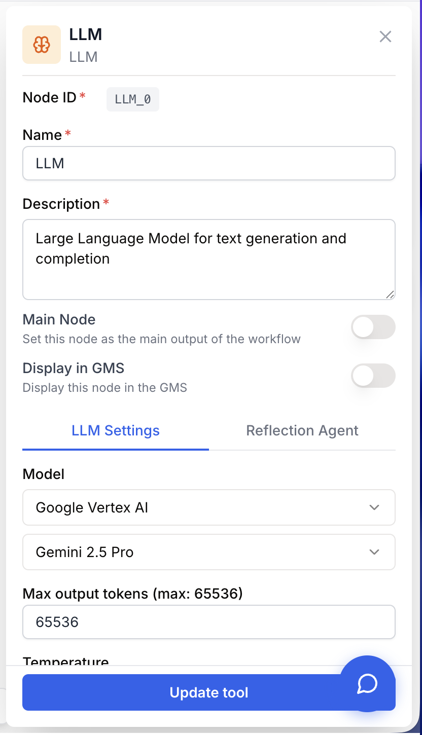 LLM settings panel with provider model temperature tokens system message and schema
