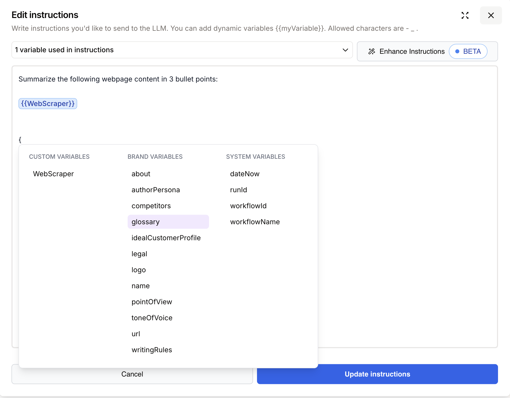 Sélecteur de variables affichant les variables Brand et Système