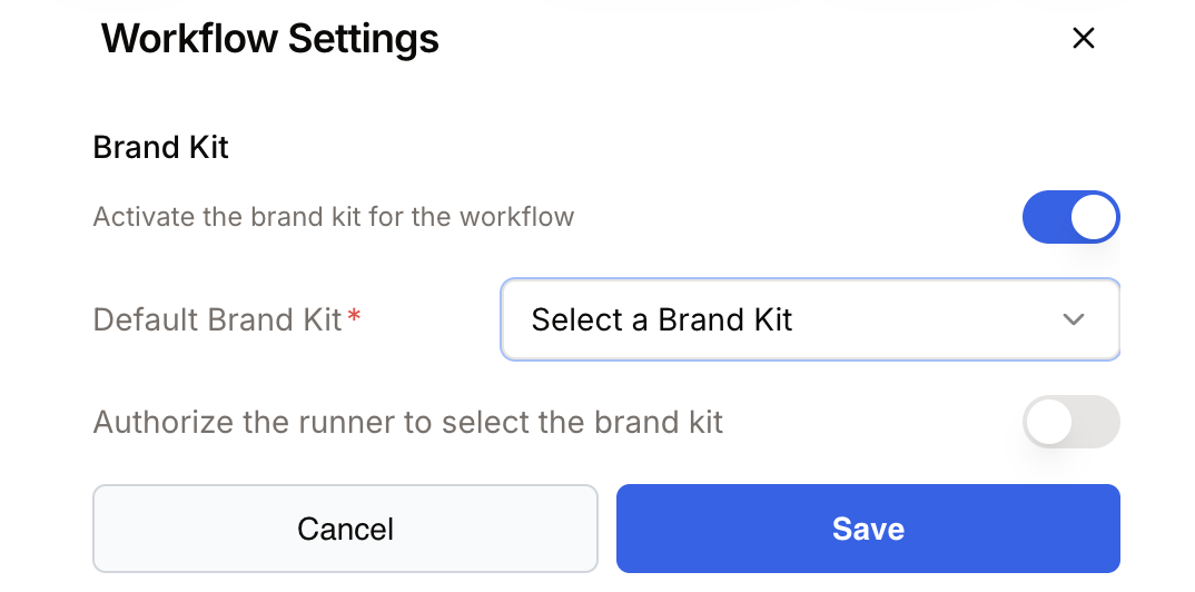Paramètres du workflow - activation du Brand Kit