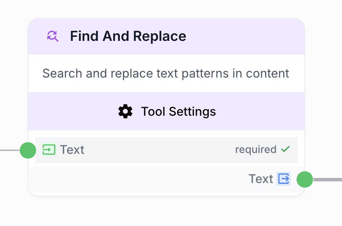 Find and Replace node on the canvas with its required text input and output