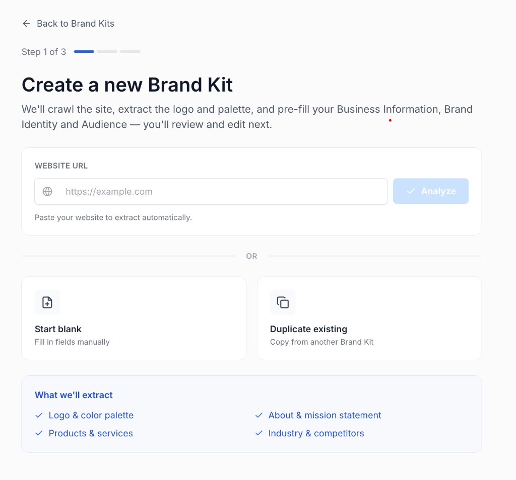 Create a new Brand Kit step one with website URL analyze or blank duplicate options