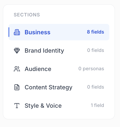 Brand Kit detail page sidebar listing Business Brand identity Audience Content strategy Style and voice sections