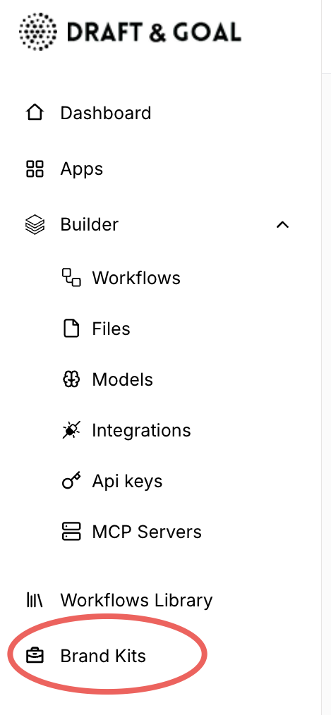 Builder sidebar with Brand Kits menu entry highlighted