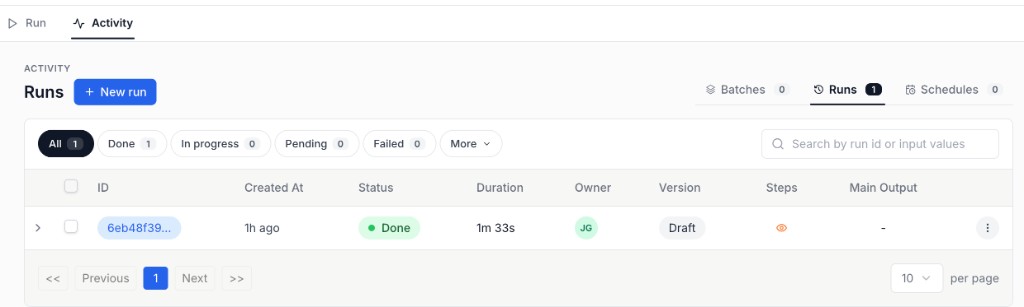 Run history Runs tab with status filters, search, and runs table