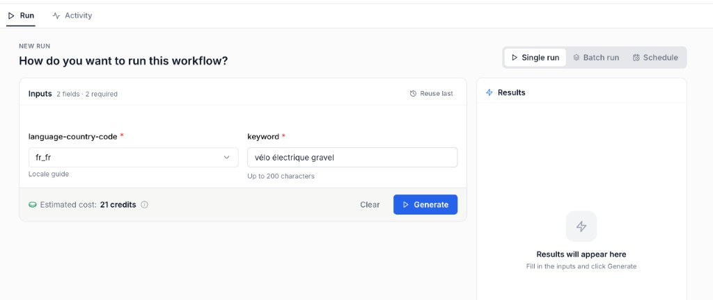 App runner avec champs d'entrée, estimation du coût et bouton Generate