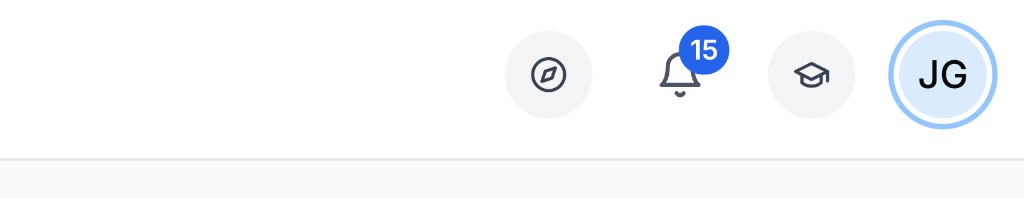 Icônes en haut à droite : Guided Tour, Notifications, Documentation et profil utilisateur