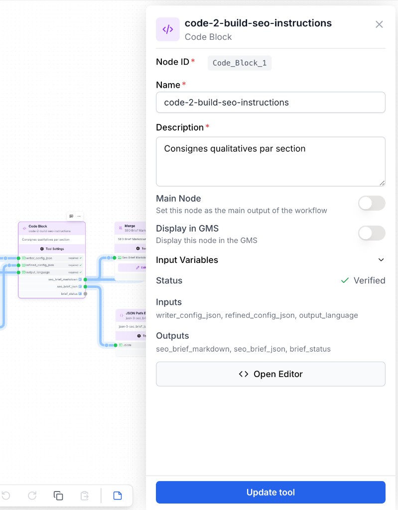 Panneau de configuration d'un node Code Block avec paramètres, entrées et sorties