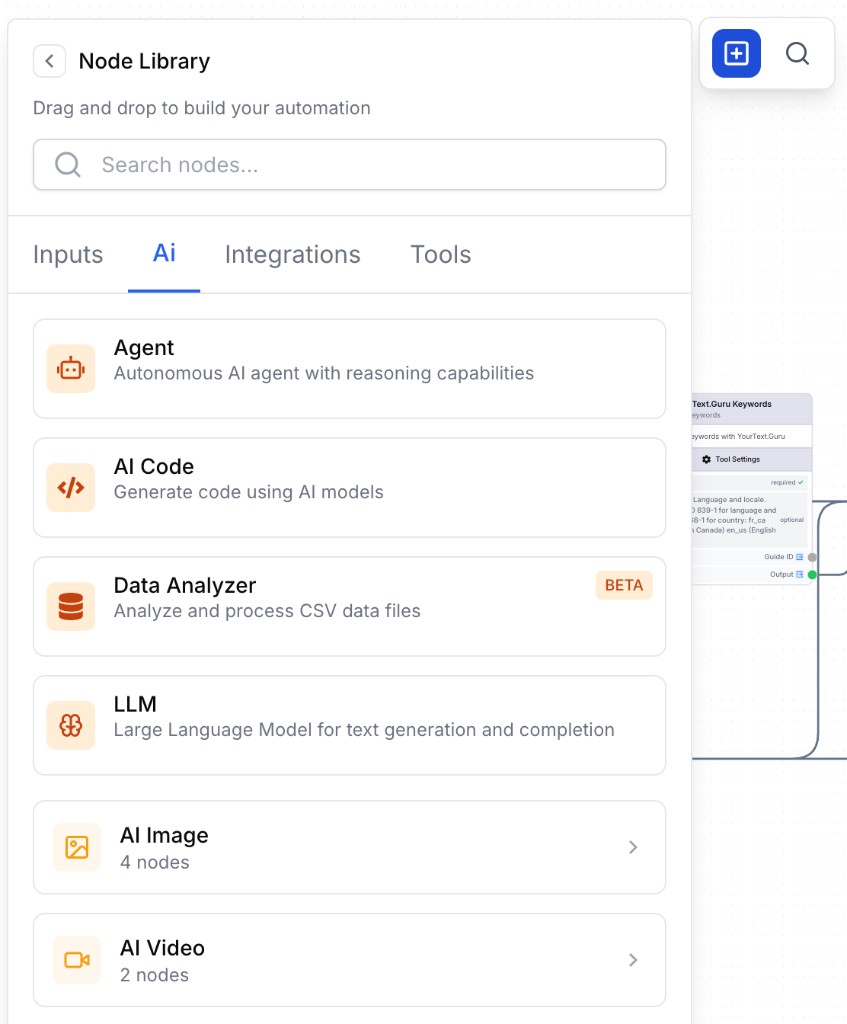 Node Library sidebar with Inputs, AI, Integrations, and Tools categories