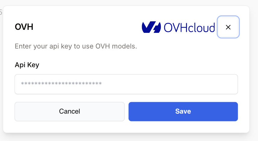 Boîte de dialogue de configuration de la clé API OVHcloud