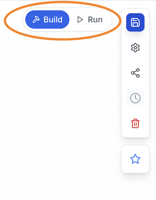 Build and Run toggle in the canvas top bar with Build mode active