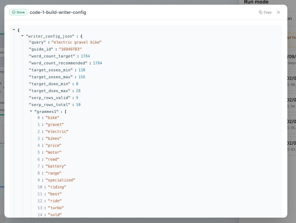 Node output panel showing structured JSON from a completed Code Block step