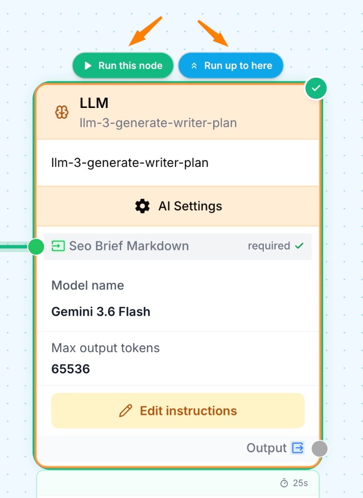 Run this node and Run up to here buttons above a selected LLM node on the canvas