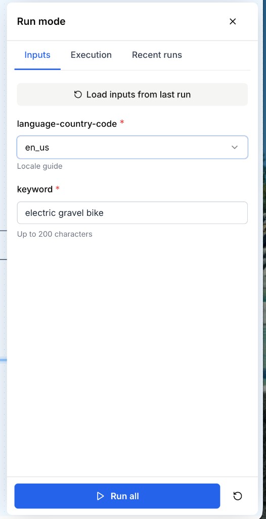 Run mode panel Inputs tab with form fields and Run all button