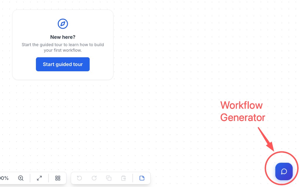 Workflow Generator chat bubble in the bottom-right corner of an empty canvas