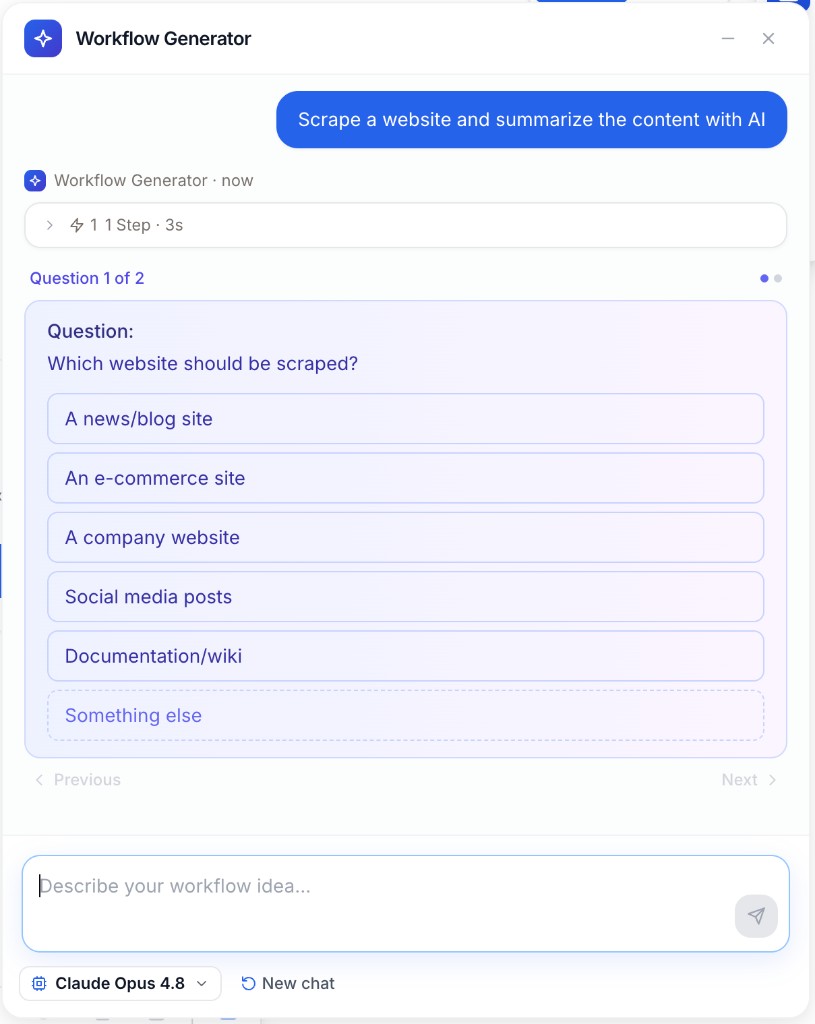Workflow Generator clarifying question asking which website to scrape, with options and Something else