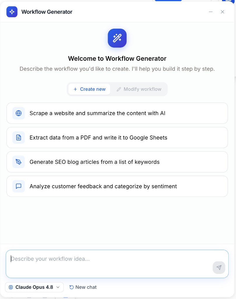 Workflow Generator welcome panel with Create new, Modify workflow, and four suggested prompts