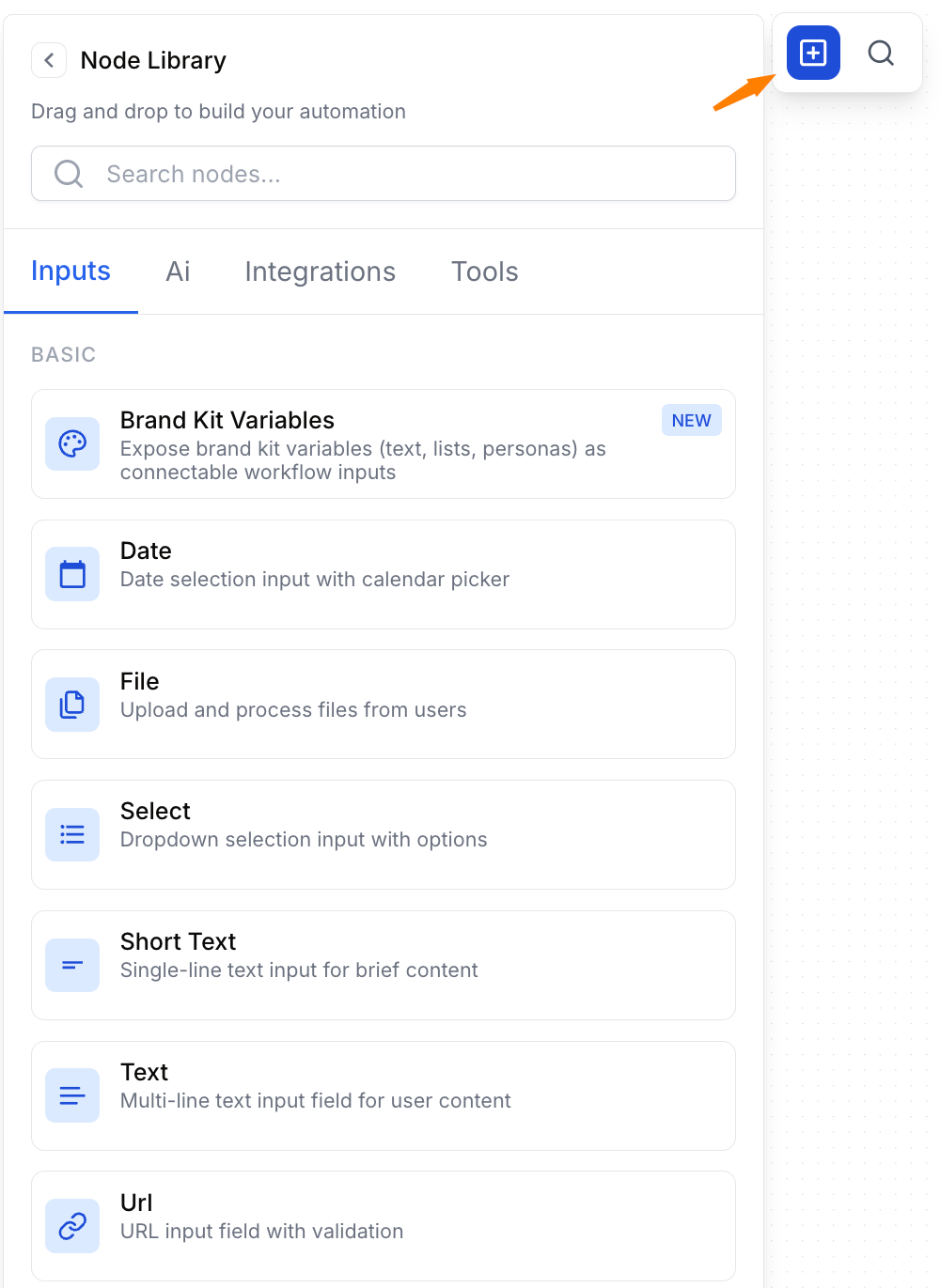 Barre latérale Node Library avec l'onglet Inputs ouvert, la recherche et la liste des nodes d'entrée de base