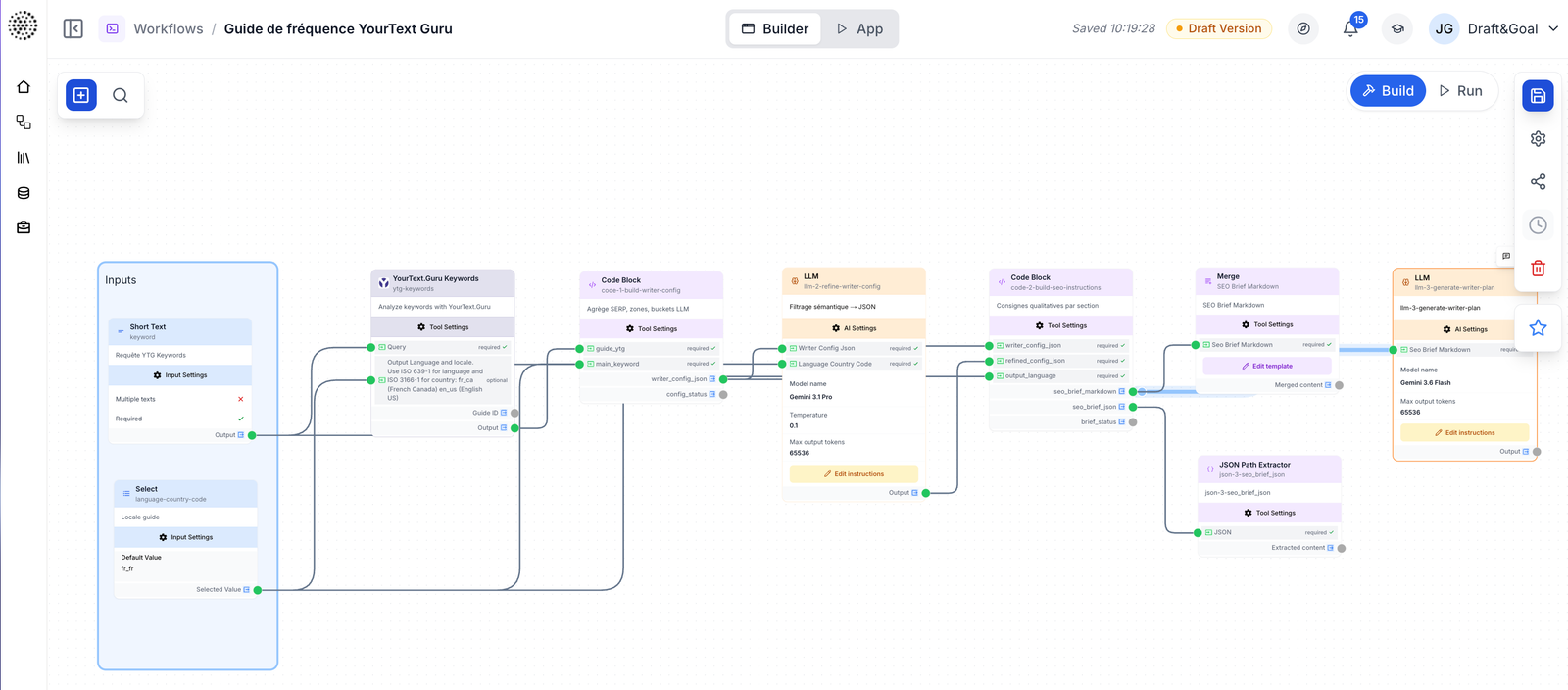Canvas de workflow avec des nodes d'entrée, d'intégration, de code et LLM connectés de gauche à droite