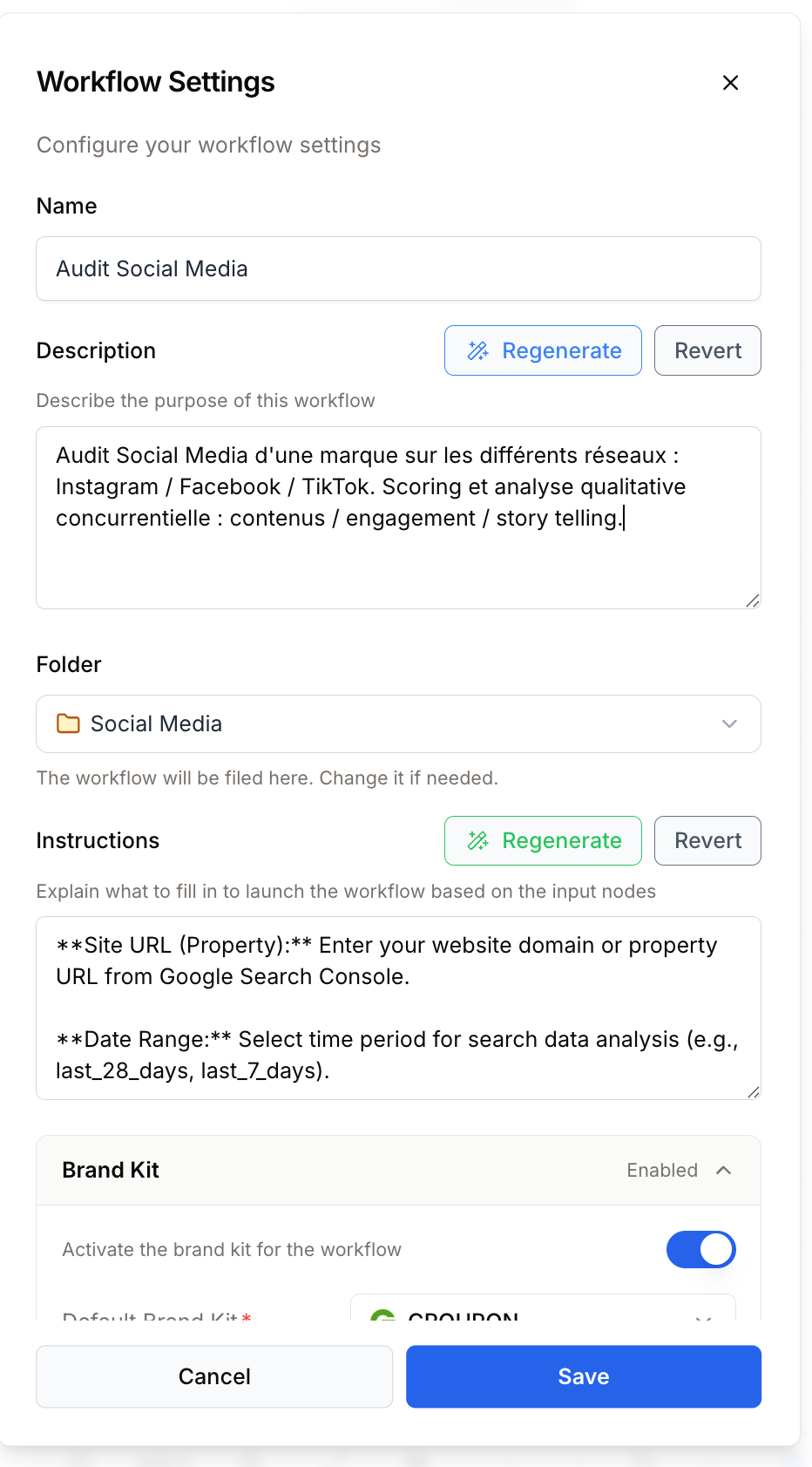 Fenêtre Workflow Settings avec Nom, Description, Dossier, Instructions et bascule Brand Kit
