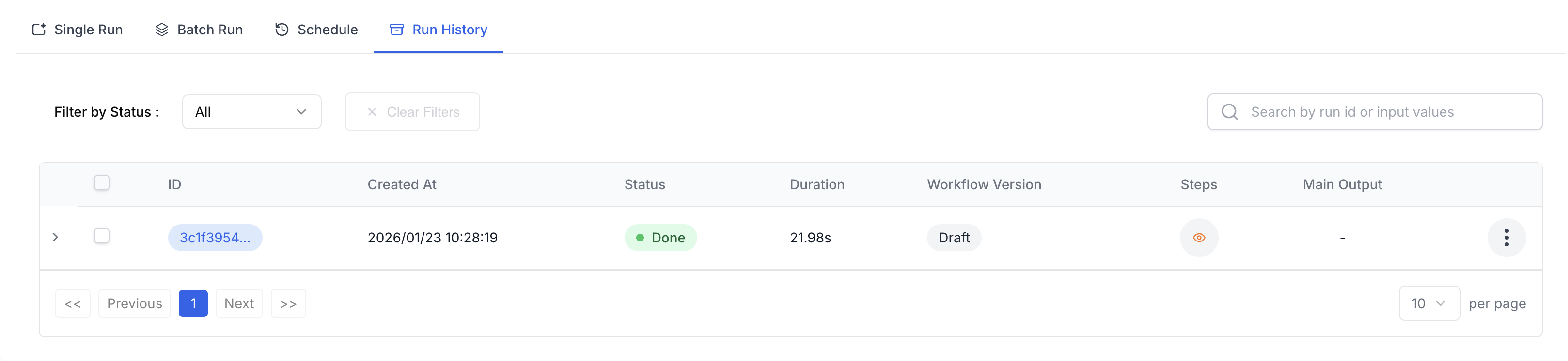 Onglet Run History affichant les exécutions passées du workflow