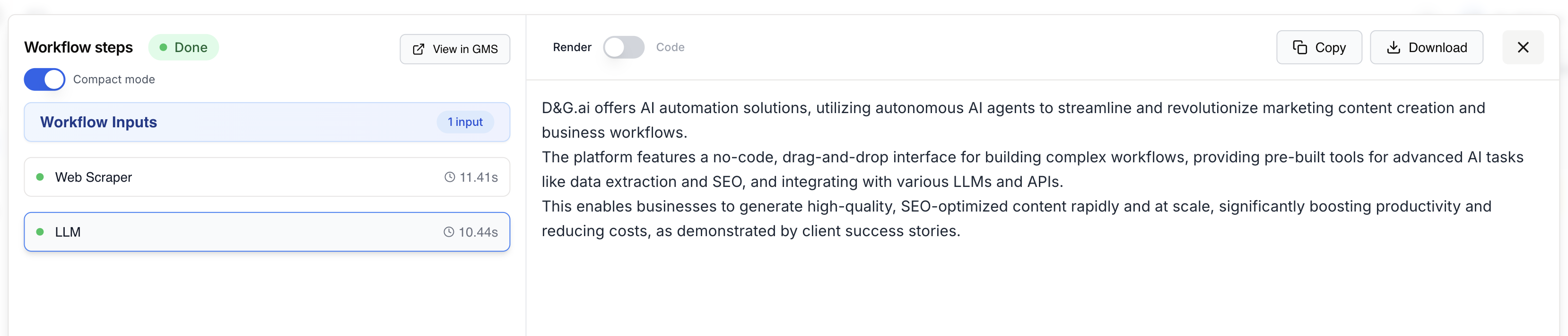 Panneau des étapes du workflow avec le détail d'exécution