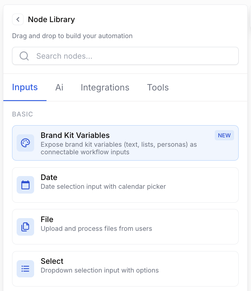 Node Library Inputs tab with Brand Kit Variables highlighted under Basic Inputs