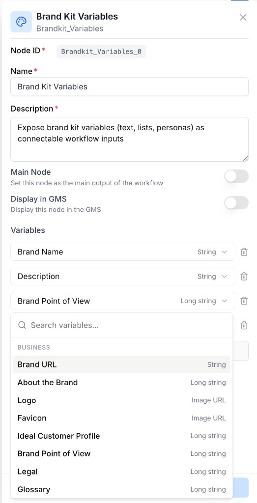 Brand Kit Variables settings panel with variable picker grouped by Business section