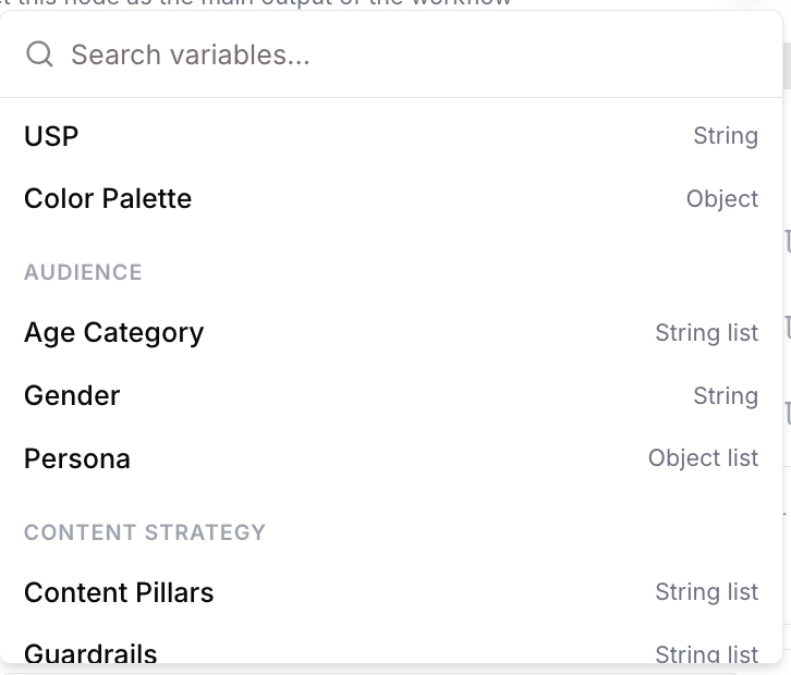 Variable menu Audience section with Persona Object list and Gender String